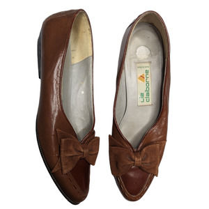 Vtg 1980s Liz Claiborne Brown Leather Pointed Toe Bow Accent Ballet Flats 8